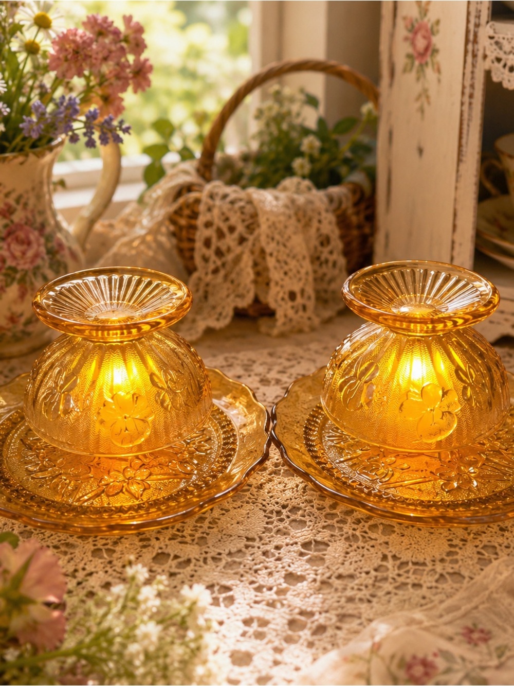 Vintage Amber Depression Glass Fairy Lamps Pair Floral Sherbet & Plates